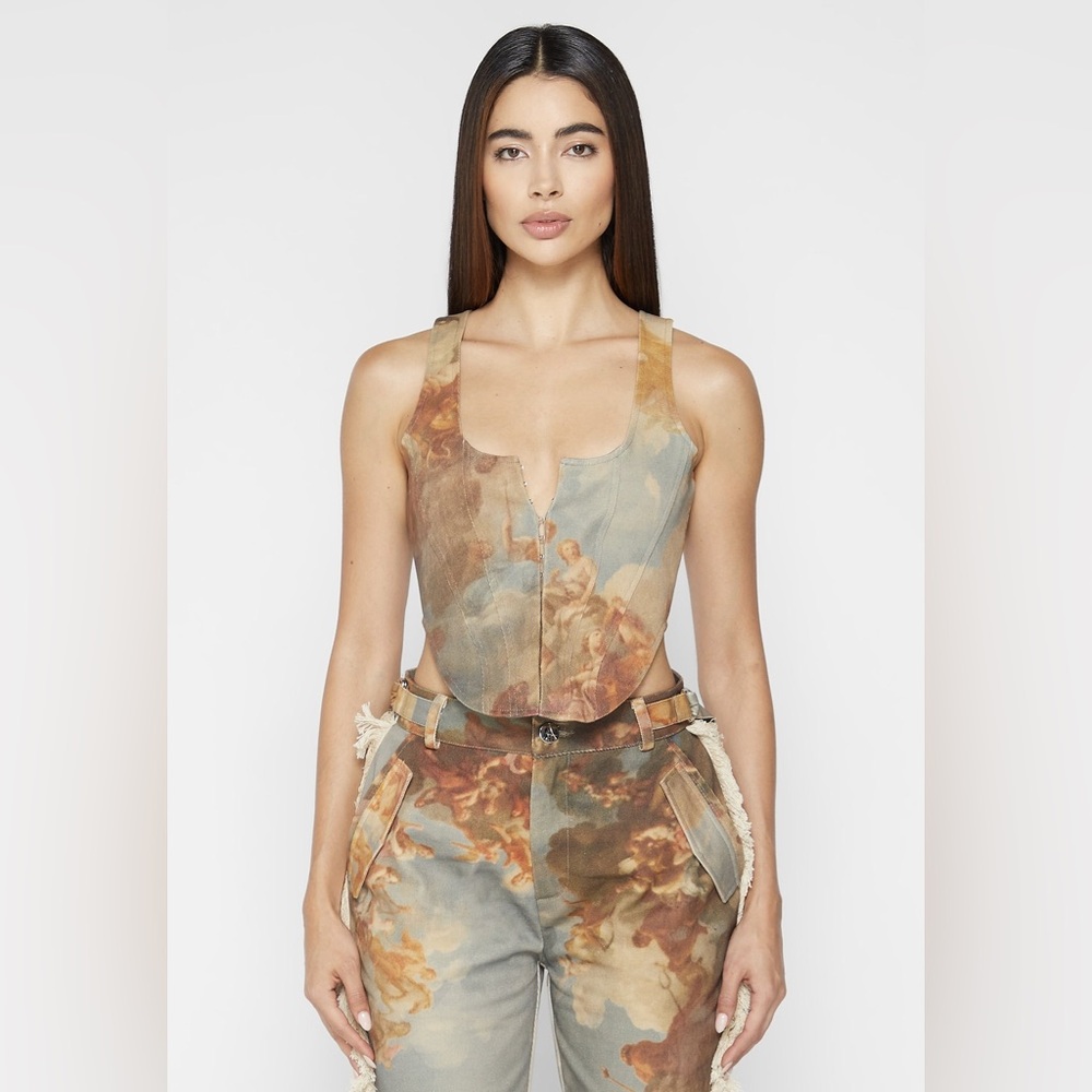 Manière De Voir Art Corset Top & Mid Rise Art Cargo Pants With Tassels Set - Picture 2 of 11